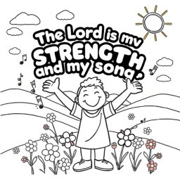 An engaging and delightful coloring page for kids based on the message "The Lord is my strength and my song