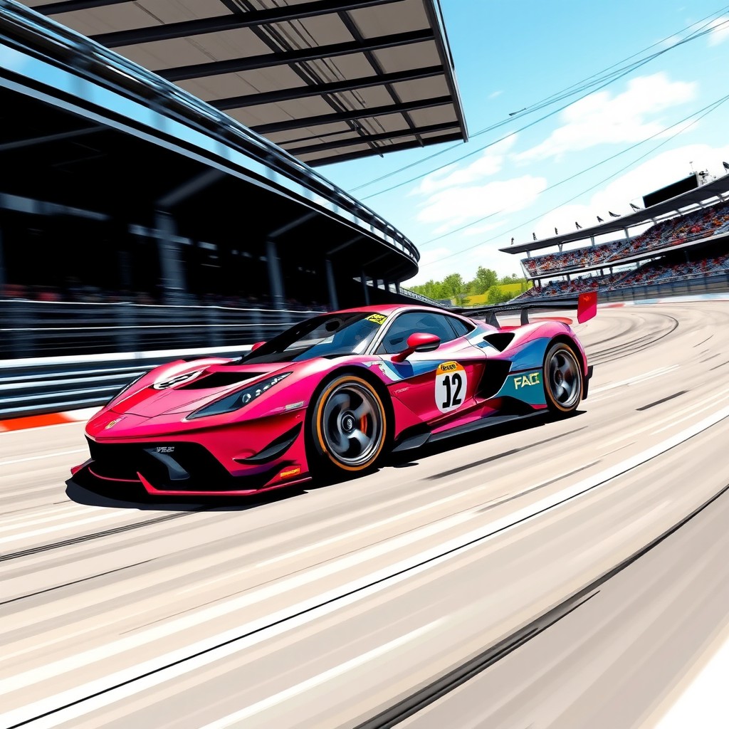 A dynamic sketch of a sleek racing car speeding around a track, showcasing aerodynamic design and vibrant colors