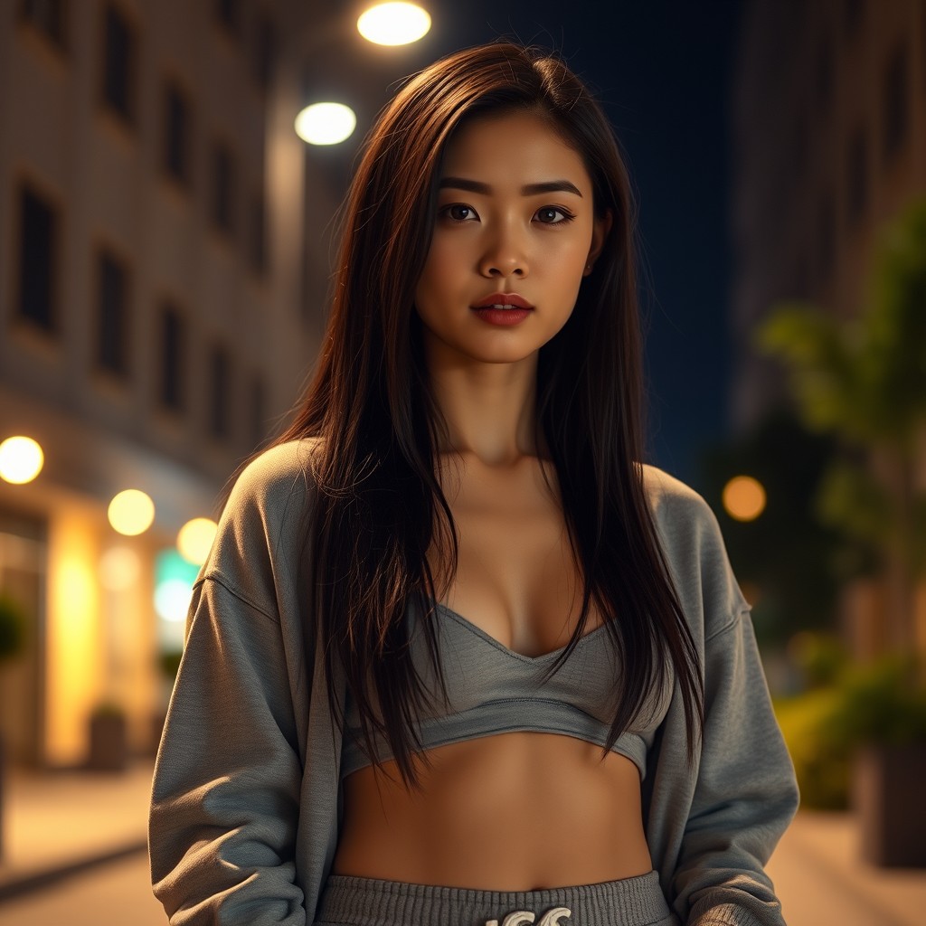 A hyper-realistic cinematic portrait of a young woman standing outdoors at night, illuminated by warm streetlights