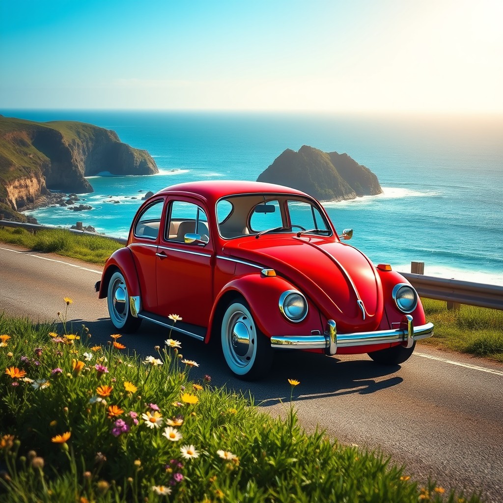 Classic Volkswagen Beetle on a Coastal Adventure | Scenic Photo