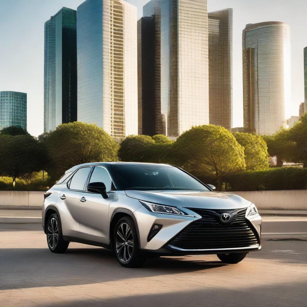 A gleaming, top-of-the-range Toyota car, in mid-day light. The car is parked with an urban cityscape in the background.