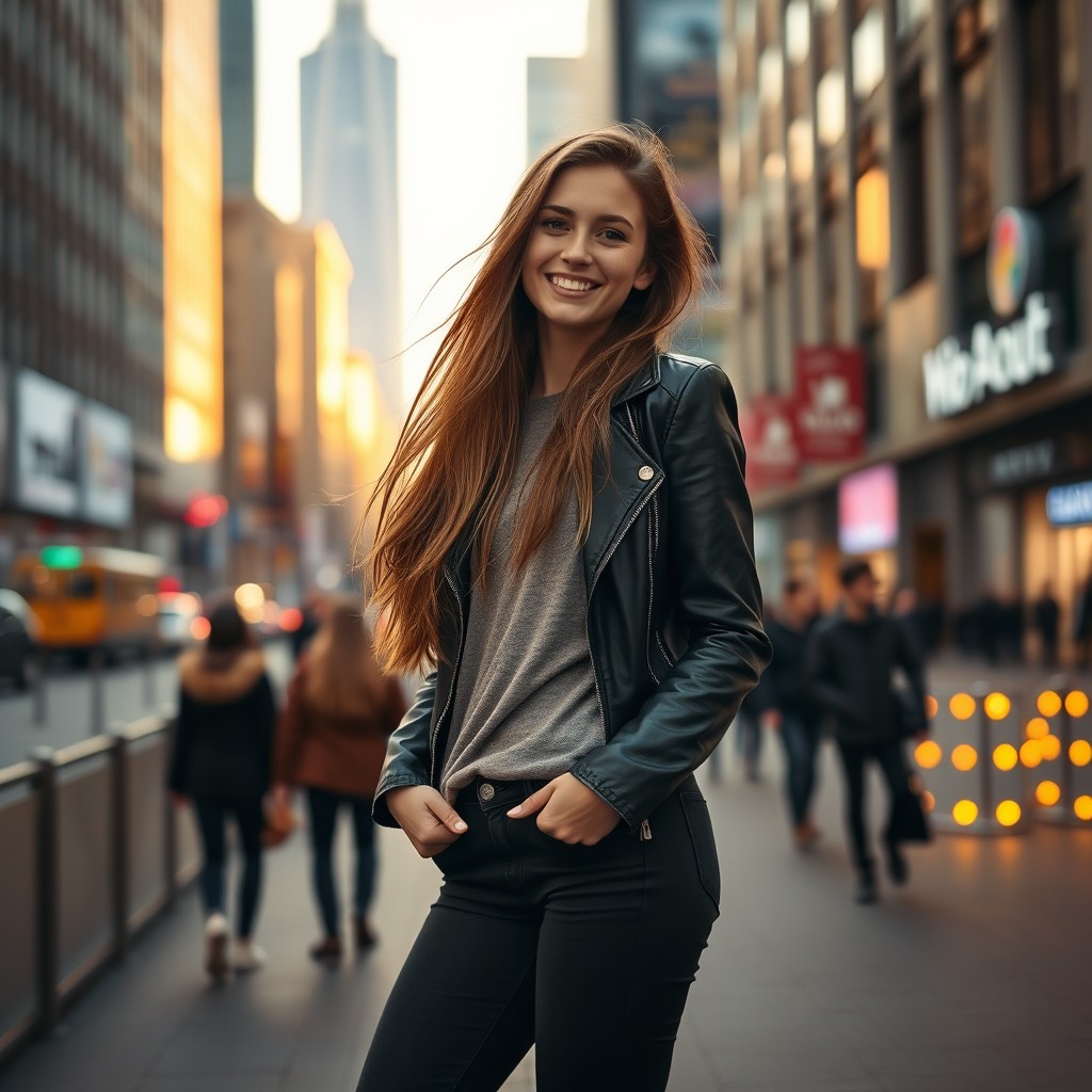 A young woman with long flowing hair, standing confidently in an urban environment