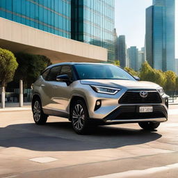 A gleaming, top-of-the-range Toyota car, in mid-day light. The car is parked with an urban cityscape in the background.