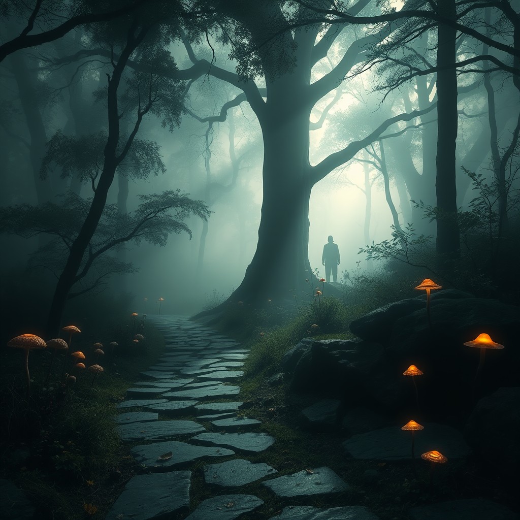 An enigmatic landscape featuring a mystical forest shrouded in fog, with an ancient stone pathway leading into the depths of the woods