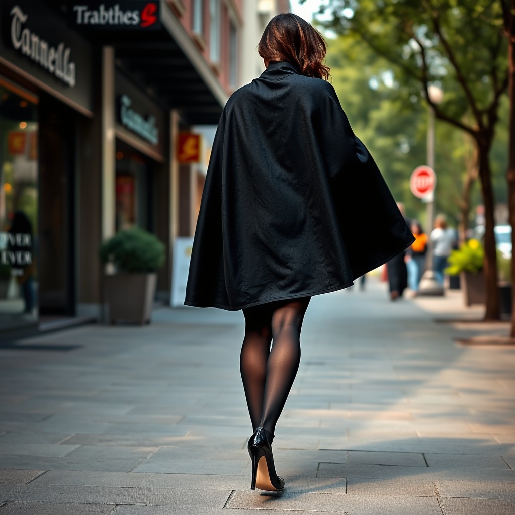 A woman elegantly dressed in a thick black chadori, her silhouette partially concealed, moving with poise