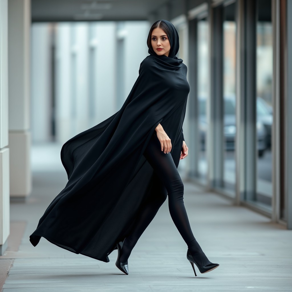 A woman elegantly dressed in a thick black chador, gracefully walking on a sidewalk