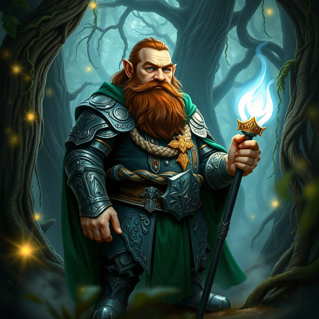 Stout Dwarf Cleric in Enchanting Forest - A Mystical AI-Generated Image