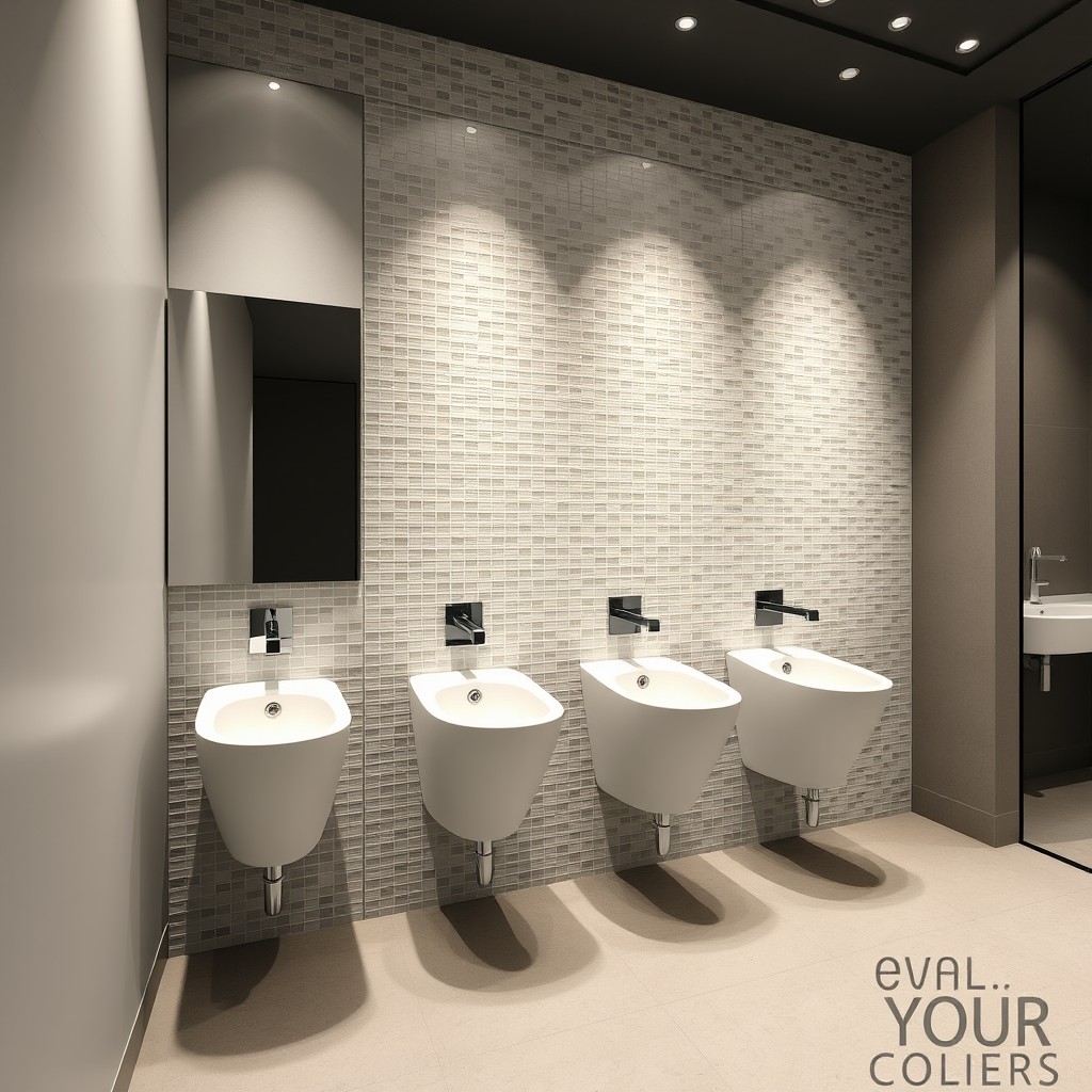 A modern restroom design featuring elongated urinals specifically designed for women, highlighting an innovative approach to restroom accessibility