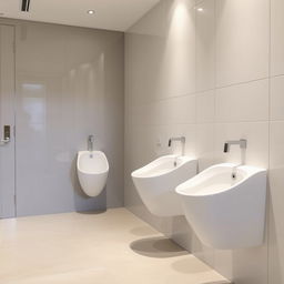 A modern restroom design featuring elongated urinals specifically designed for women, highlighting an innovative approach to restroom accessibility