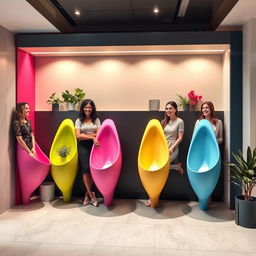 An innovative design of elongated urinals specifically made for women, showcased in a modern public restroom environment