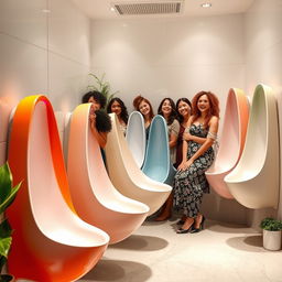 An innovative design of elongated urinals specifically made for women, showcased in a modern public restroom environment