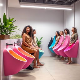 An innovative design of elongated urinals specifically made for women, showcased in a modern public restroom environment