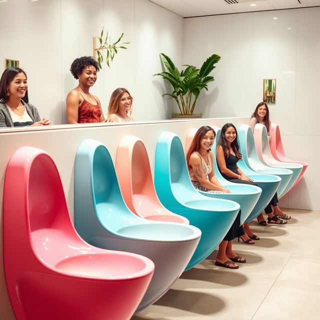 An innovative design of elongated urinals specifically made for women, showcased in a modern public restroom environment