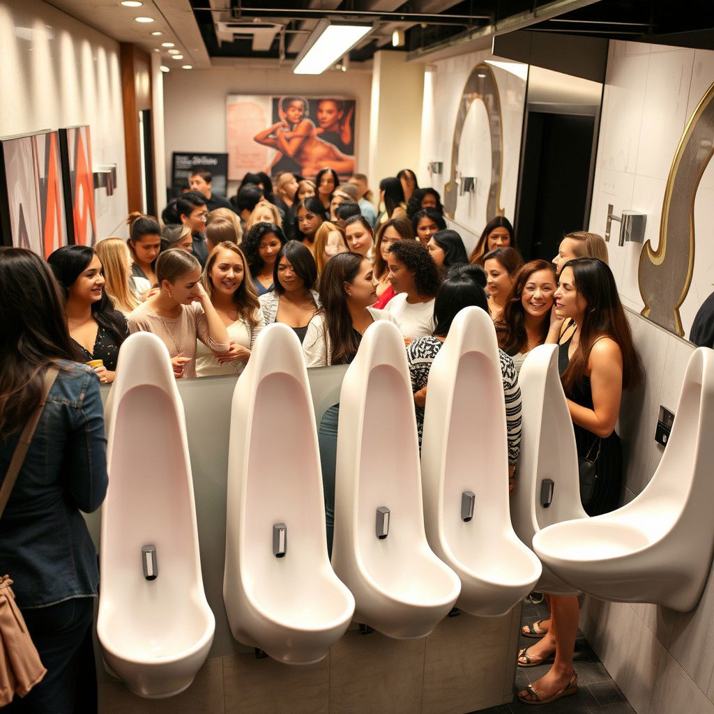 A busy women's restroom featuring innovative elongated, narrow, wall-hung urinals specifically designed for women