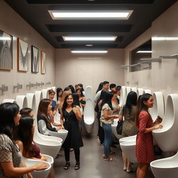 A busy women's restroom featuring innovative elongated, narrow, wall-hung urinals specifically designed for women