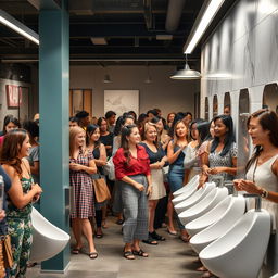 A busy women's restroom featuring innovative elongated, narrow, wall-hung urinals specifically designed for women