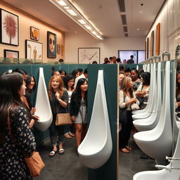 A busy women's restroom featuring innovative elongated, narrow, wall-hung urinals specifically designed for women