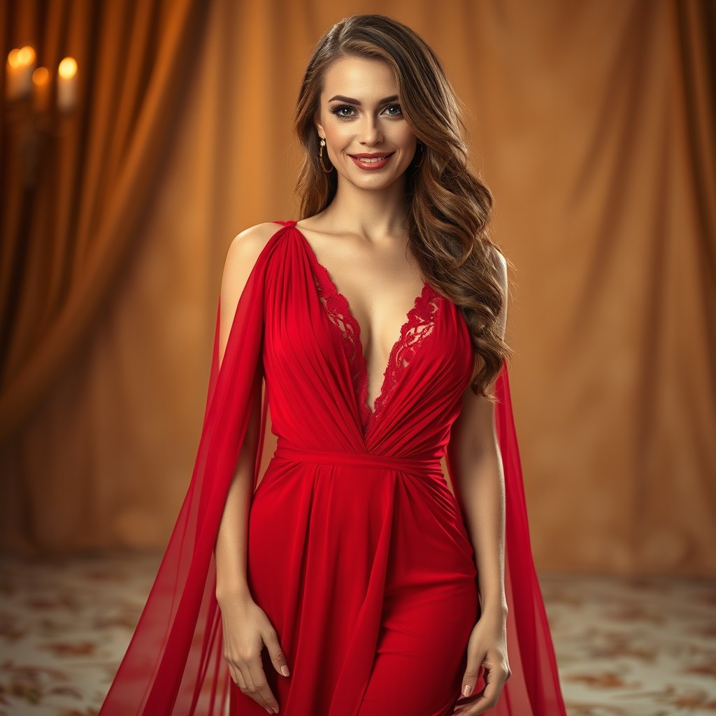 A glamorous portrait of a stunning woman reminiscent of Barbi Benton, wearing a flowing red gown that drapes elegantly around her