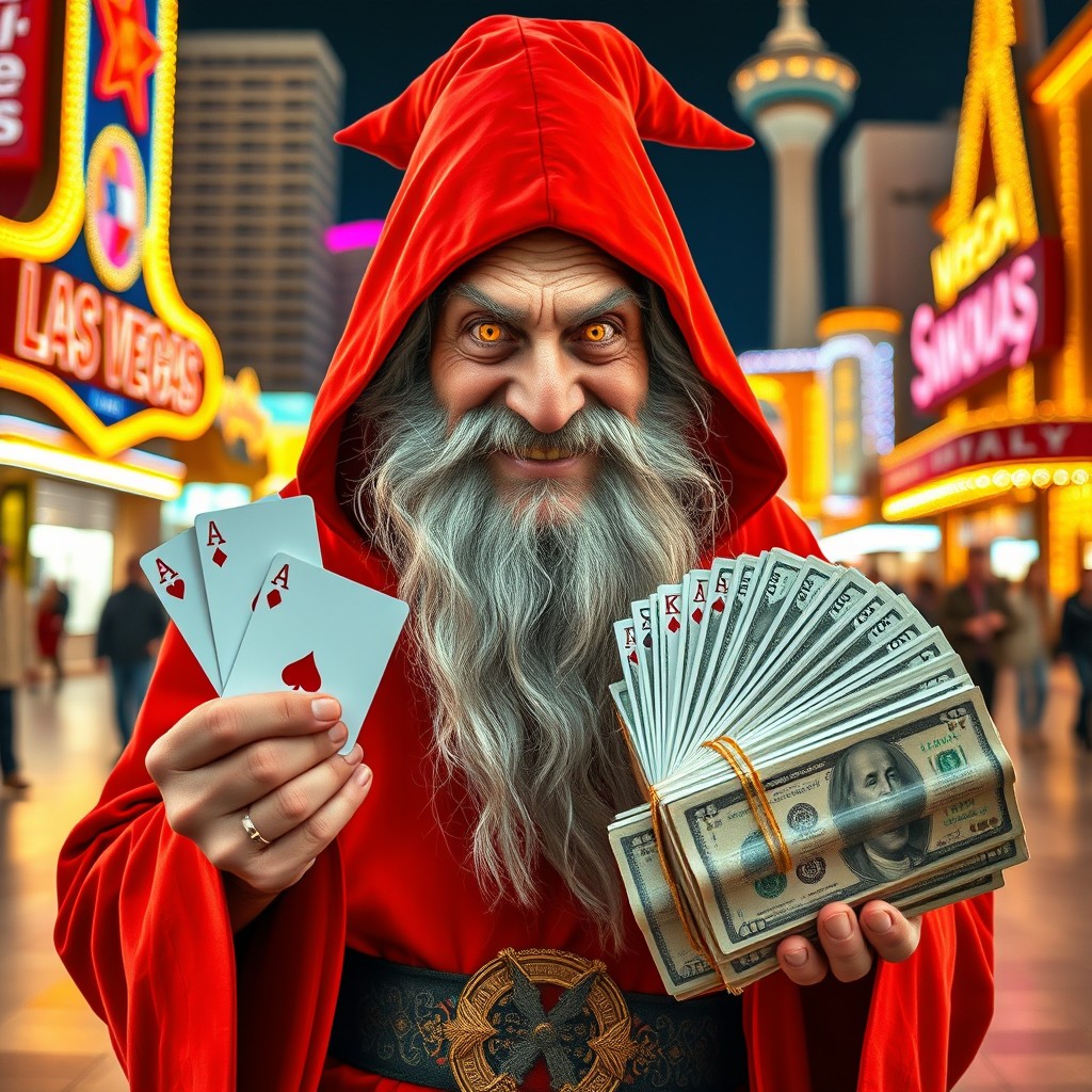 An old wizard wearing a vibrant red mage outfit and a hood pulled low over his head, showcasing his golden shiny eyes