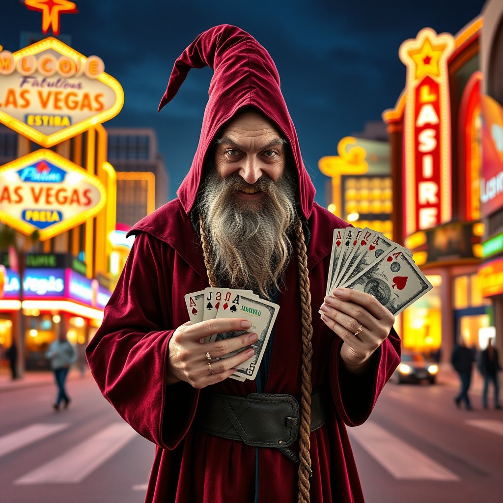 An old wizard standing in the middle of Las Vegas Boulevard, wearing a dark crimson mage outfit complete with a hood