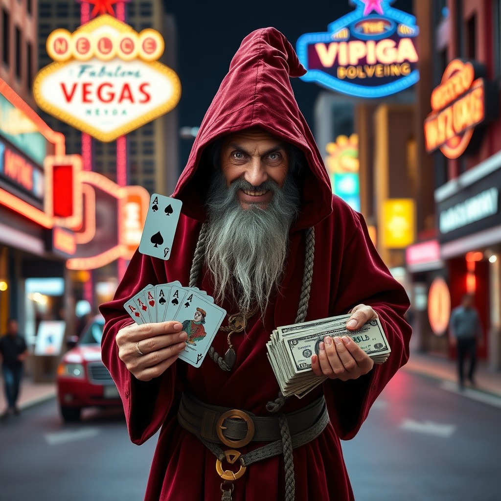 An old wizard standing confidently in the middle of the bustling Las Vegas Boulevard