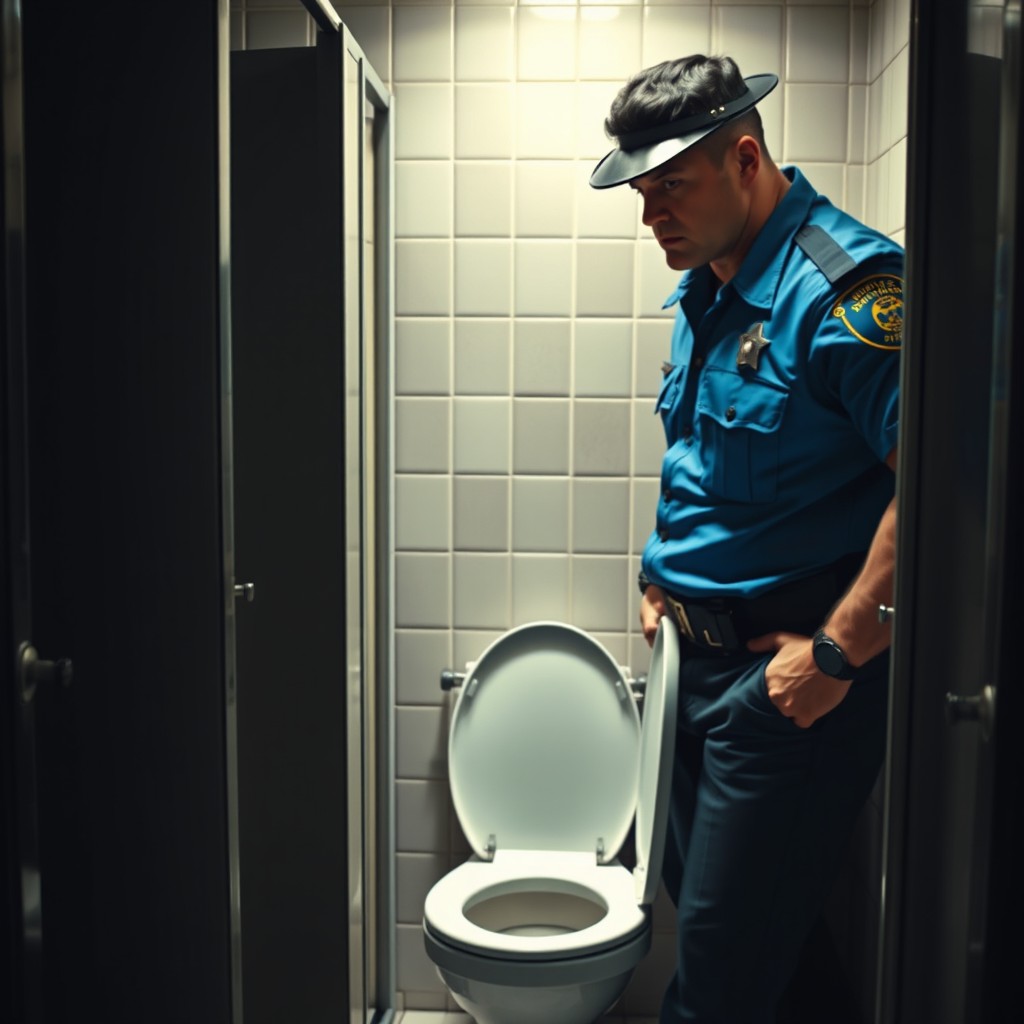 A tough, muscular police officer in a bright blue uniform stands in a bathroom stall with an intense expression