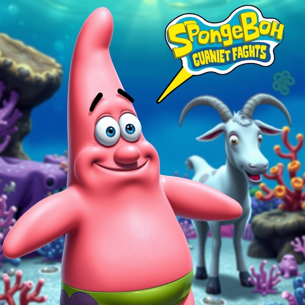 A humorous scene featuring Patrick Star from SpongeBob SquarePants, depicted with a more realistic interpretation yet still retaining his iconic features, such as his distinct pink skin and unique star shape
