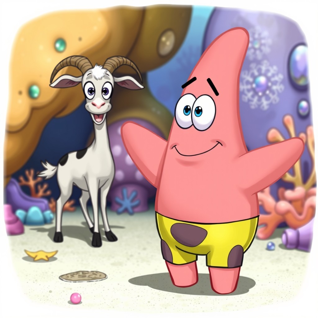 A funny scene featuring Patrick Star from SpongeBob SquarePants, illustrated in a more realistic style while still capturing his iconic cartoon features like his pink skin and star shape