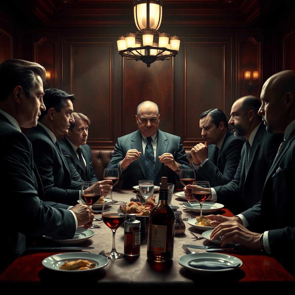 An intense and dramatic scene depicting a high-stakes mafia meeting taking place in a dimly lit upscale restaurant