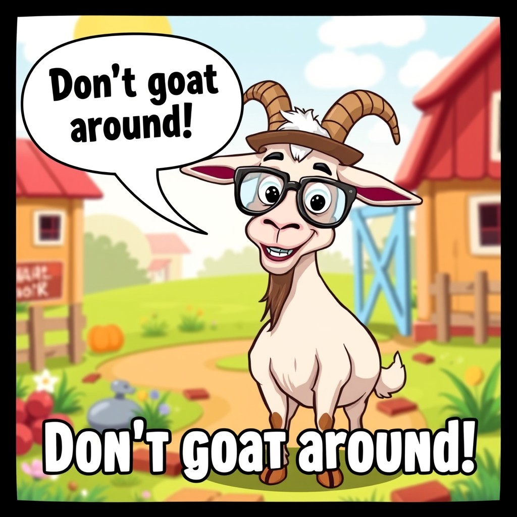 A humorous adaptation of the popular 'Don't goat around' meme featuring a comical cartoon goat with a quirky expression