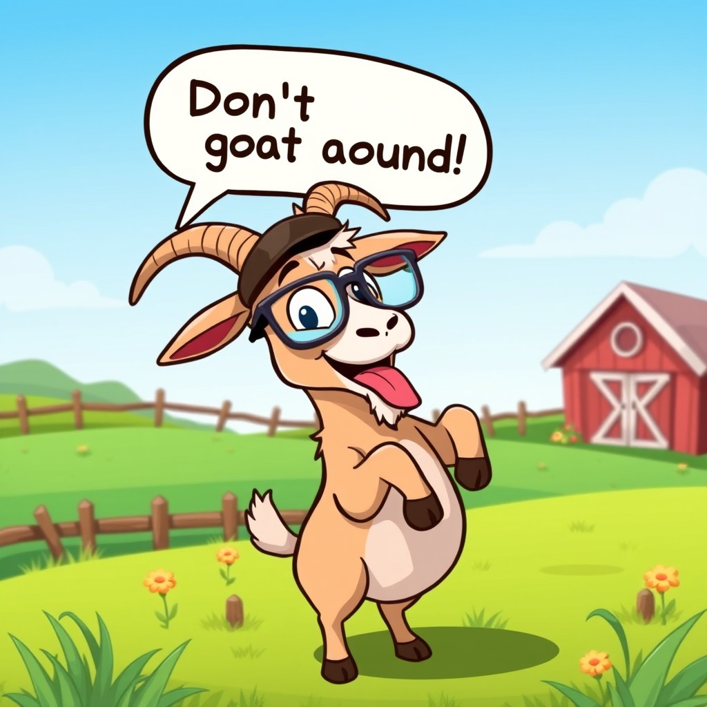 A humorous adaptation of the popular 'Don't goat around' meme featuring a playful cartoon goat with a funny expression