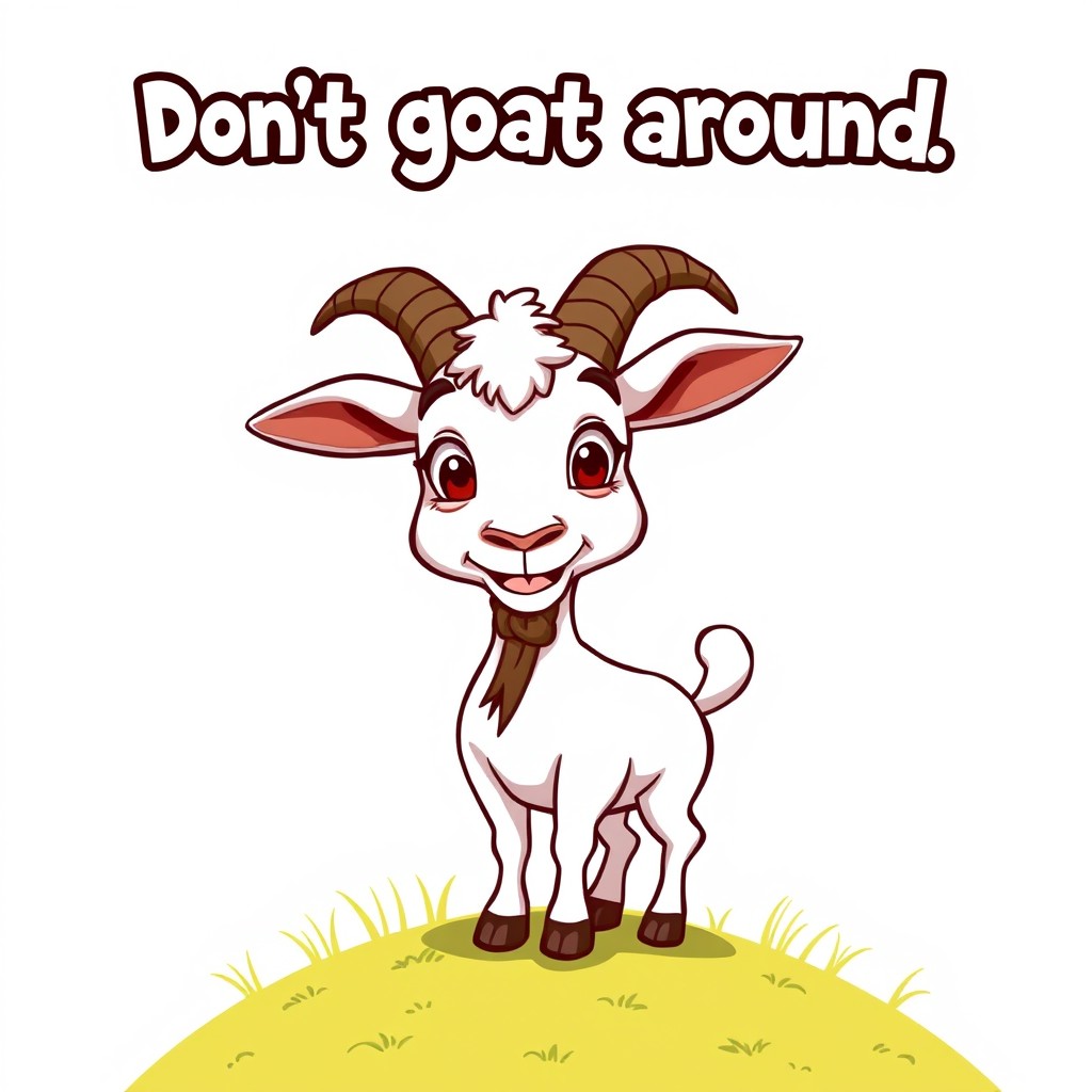 A whimsical interpretation of the phrase 'Don't goat around' featuring a cartoon goat with a mischievous expression