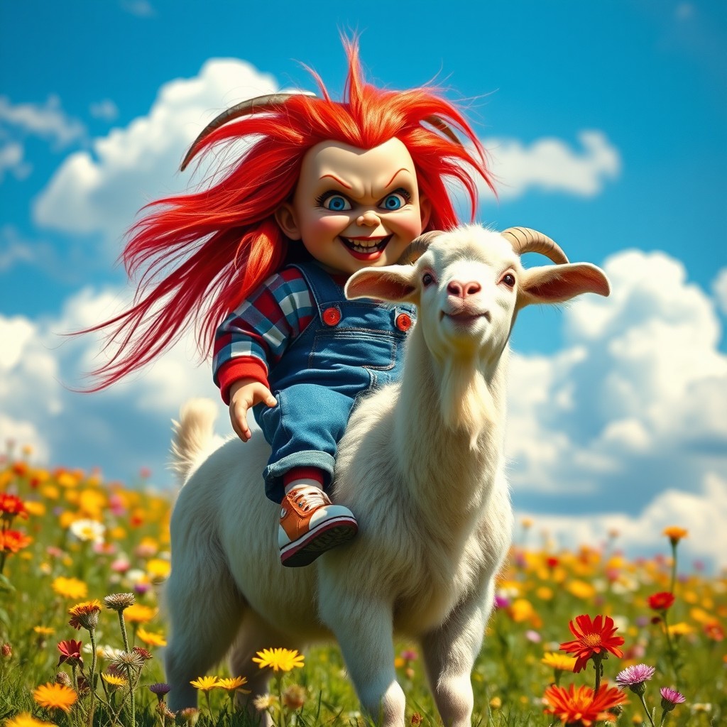 A whimsical scene featuring Chucky, the iconic doll from horror films, playfully riding a goat