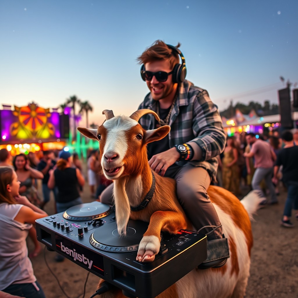 A vibrant scene showcasing a DJ enthusiastically playing music on top of a playful goat