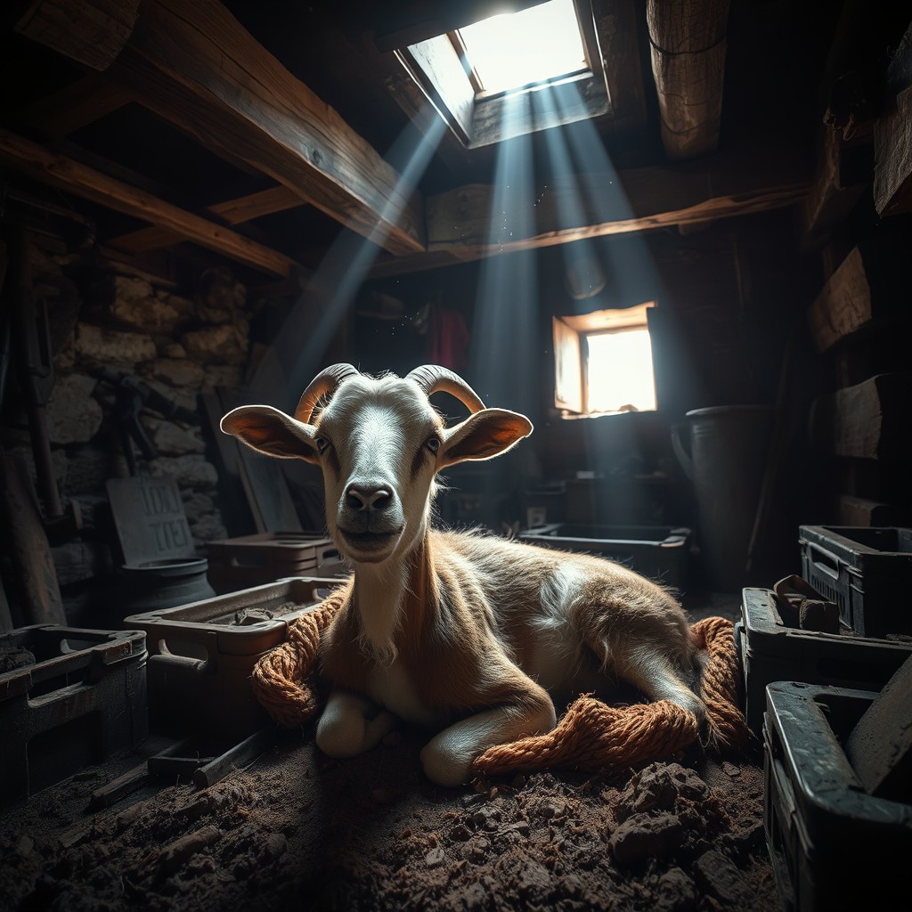 An intriguing scene of a goat comfortably nestled in a rustic basement