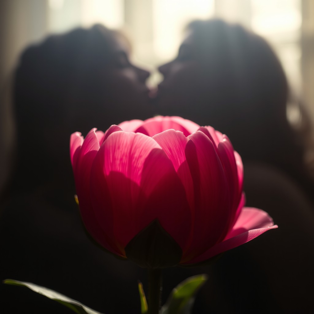 A close-up of a peony beginning to open, showcasing its delicate petals and vibrant colors