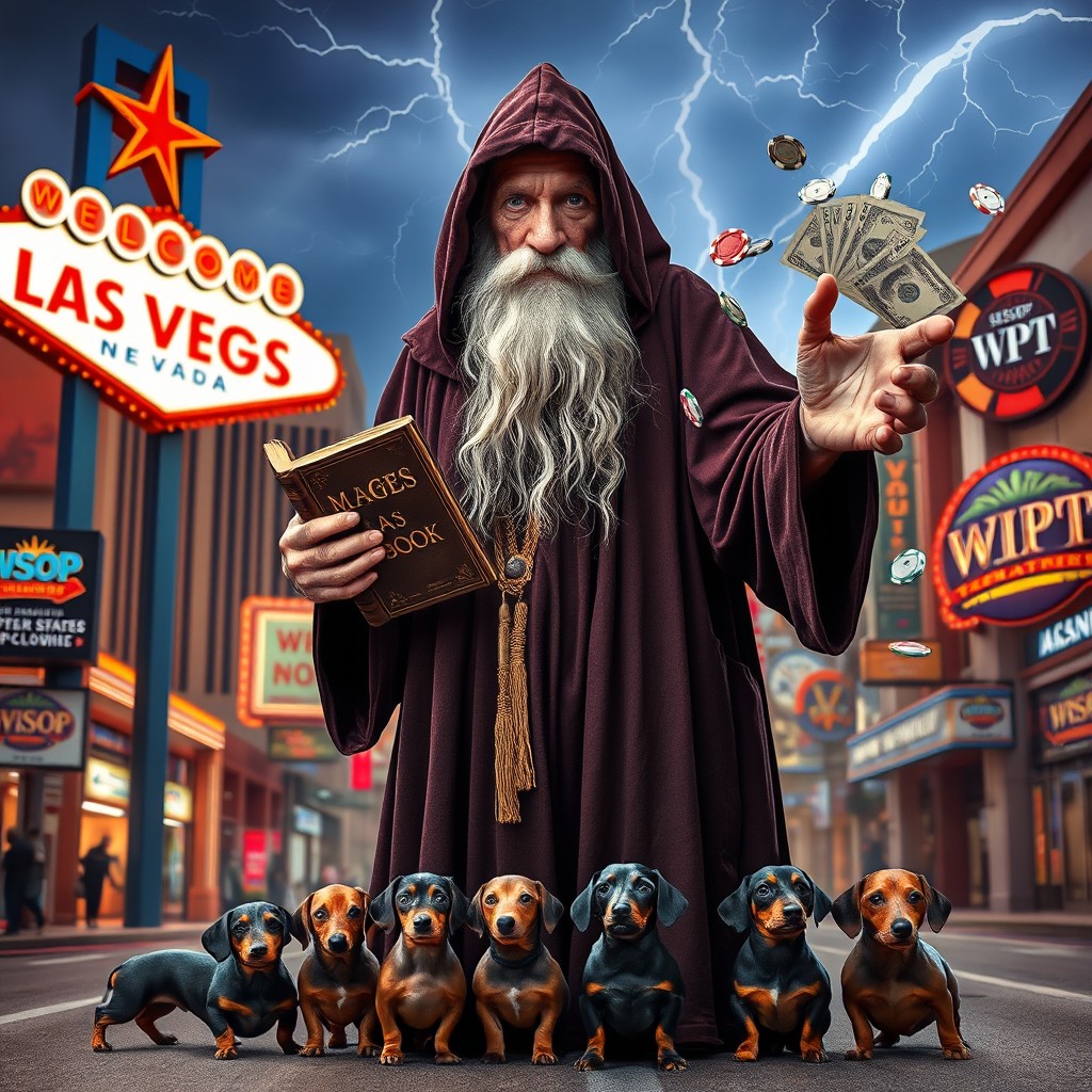 A very tall, frail old man wizard standing in the middle of a vibrant Las Vegas street