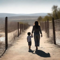 A heartfelt scene of a mother and a child peacefully holding hands while crossing the Mexican border under a clear sky