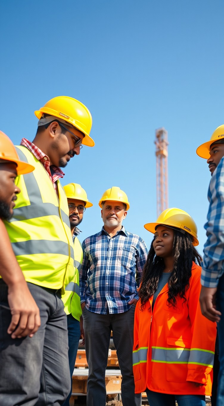 A diverse group of men and women in a construction setting, all wearing safety helmets and protective gear