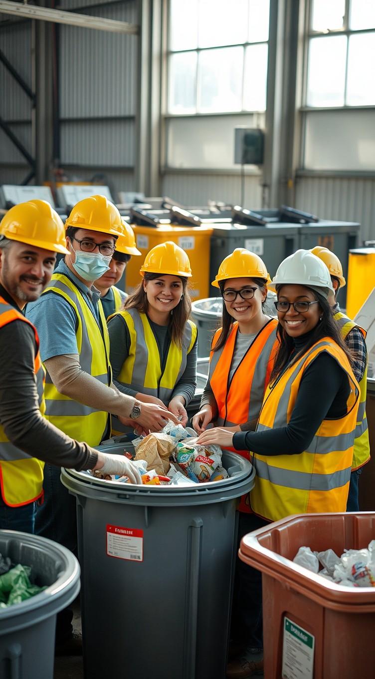 A diverse group of men and women in a recycling facility, all wearing safety helmets and protective gear