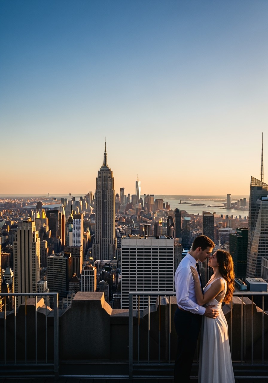 A stunning view of the New York City skyline at dusk, with golden light transitioning into deep blues and purples, casting a beautiful glow over the city below