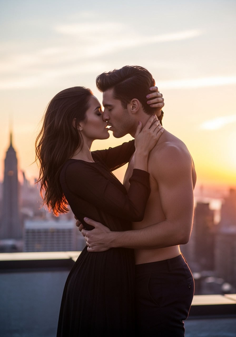 A beautiful woman and a handsome man captured in a steamy embrace on a rooftop in New York City during sunset