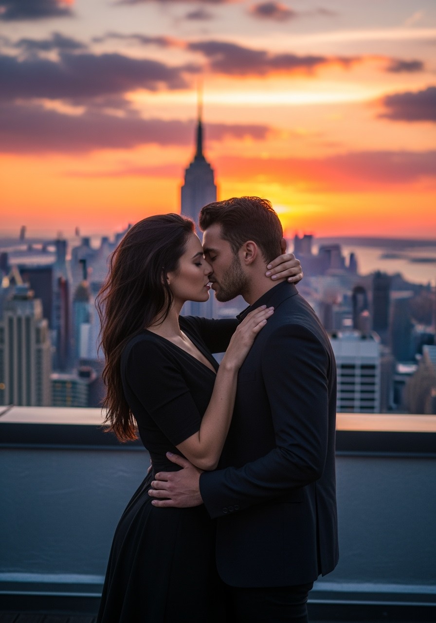 A beautiful woman and a handsome man in a steamy embrace on a rooftop in New York City at sunset