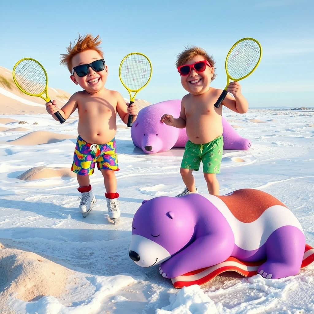 Two beach bums on ice skates, wearing colorful swim trunks and sunglasses, are playfully playing peekaboo at an ant farm