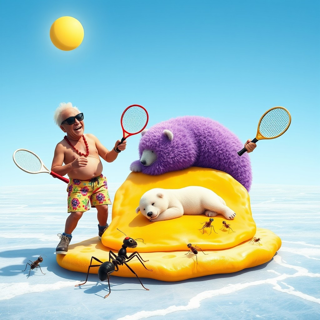 Two old men, resembling beach bums, wearing vibrant shorts and sunglasses, ice skating playfully around an ant farm
