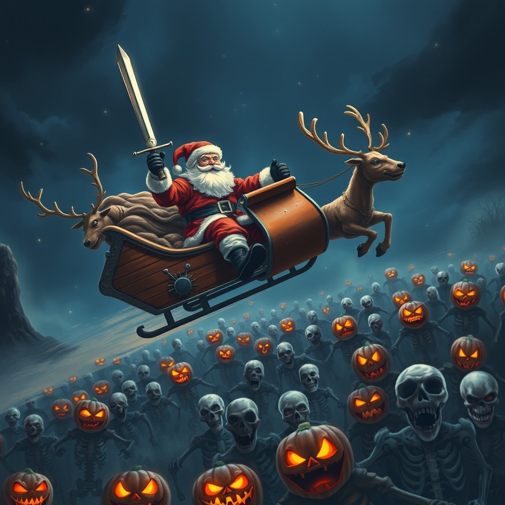 Santa Claus in a camouflage suit, wielding a sword and shield, confidently riding in a sleigh led by all his reindeer, including Rudolph with a glowing red nose