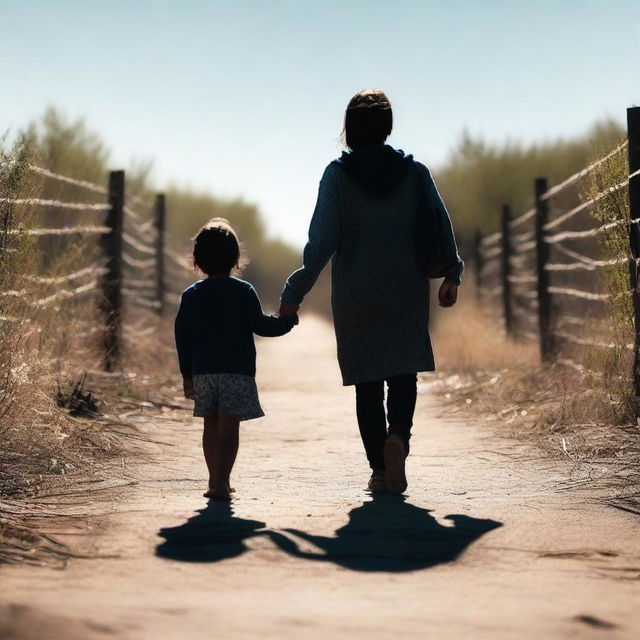 A heartfelt scene of a mother and a child peacefully holding hands while crossing the Mexican border under a clear sky