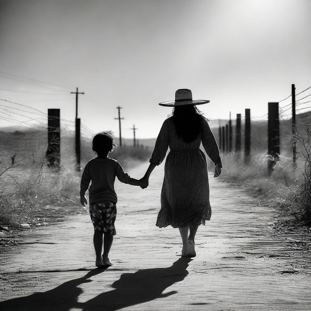 A heartfelt scene of a mother and a child peacefully holding hands while crossing the Mexican border under a clear sky