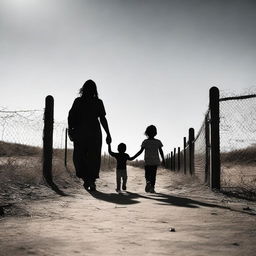 A heartfelt scene of a mother and a child peacefully holding hands while crossing the Mexican border under a clear sky