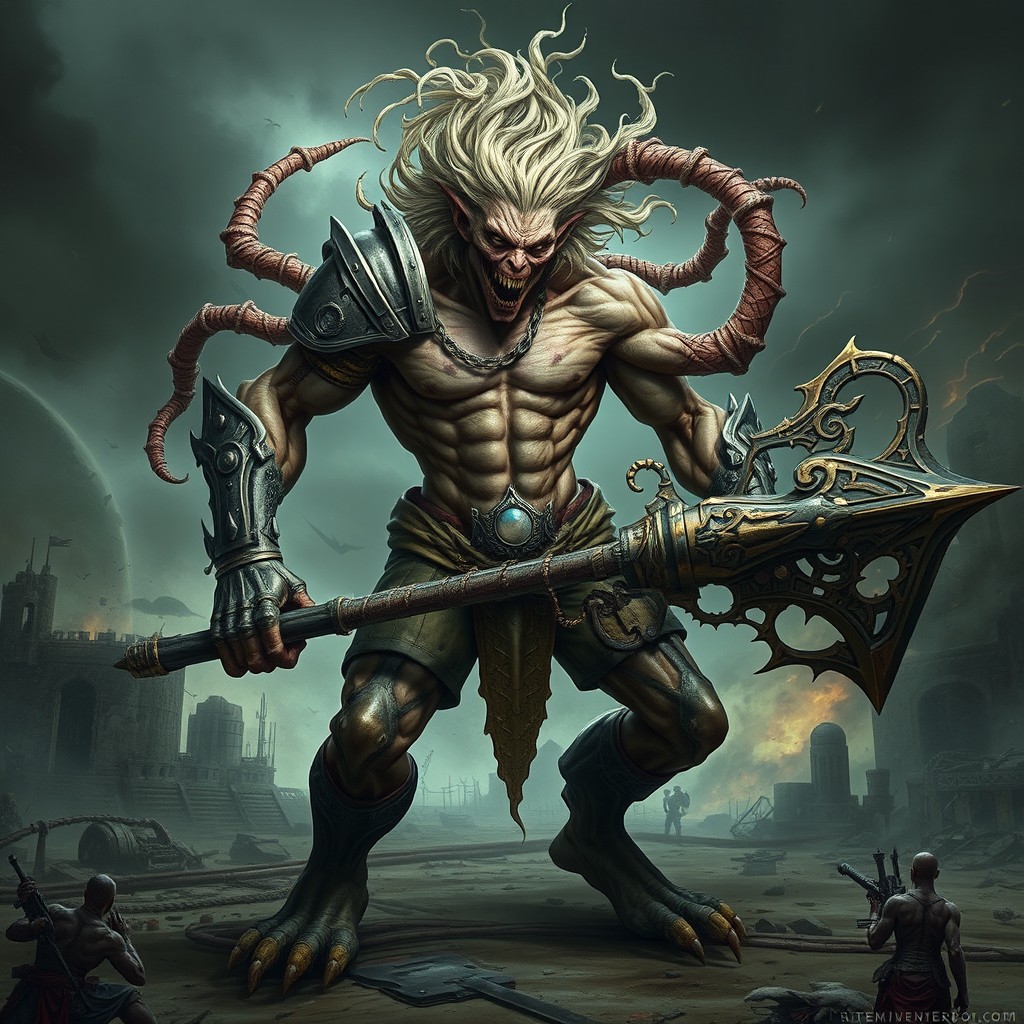 A formidable fleshwarp fighter with a grotesque yet captivating appearance, featuring twisted, extra limbs and exaggerated musculature that showcases their monstrous strength